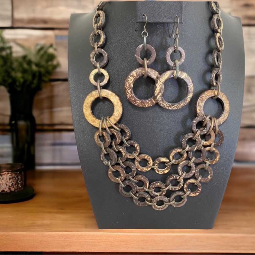 BOHO Set - Brown faux wood necklace and earrings